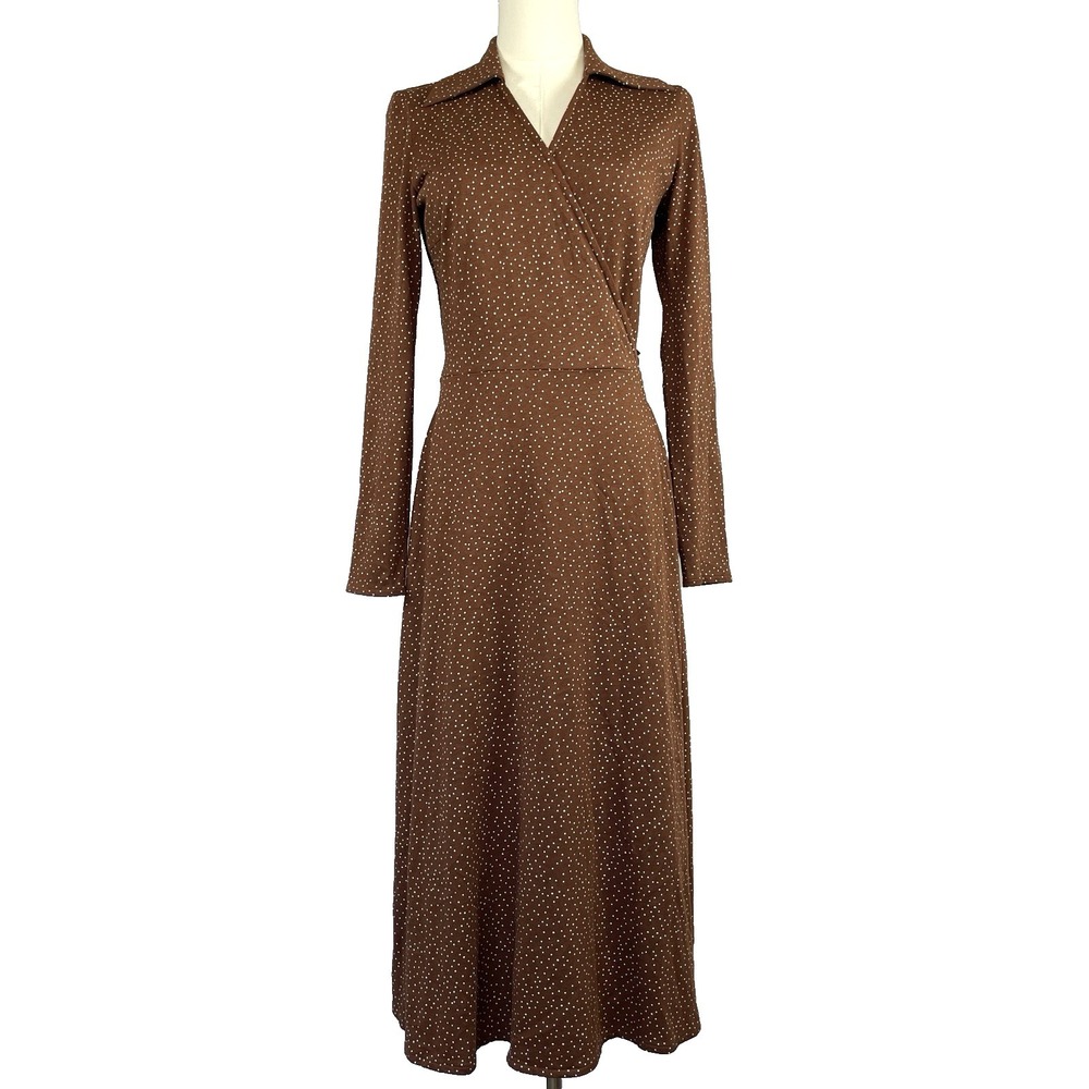 Uniqlo: C Womens Polka Dot Long Sleeve Wrap Midi Dress XS Brown Brunch Art Show